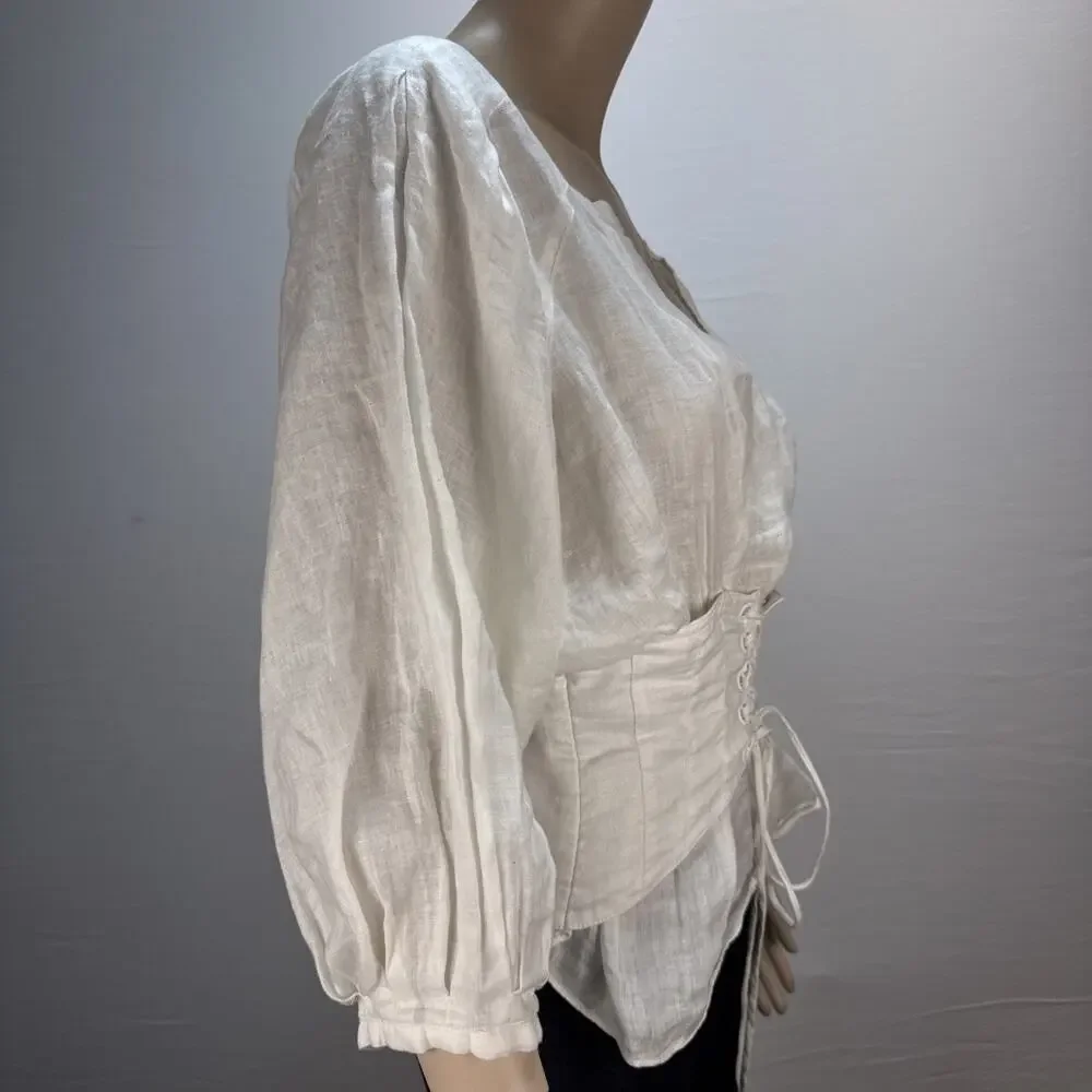 Anthropologie Akemi Kin Corset Blouse Top Size 6 White Linen 3/4 Balloon Sleeve